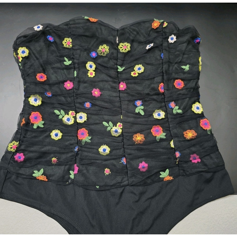 TCEC Women's Black Floral Bodysuit Halter Large Embroidered Flowers Snap Bottom